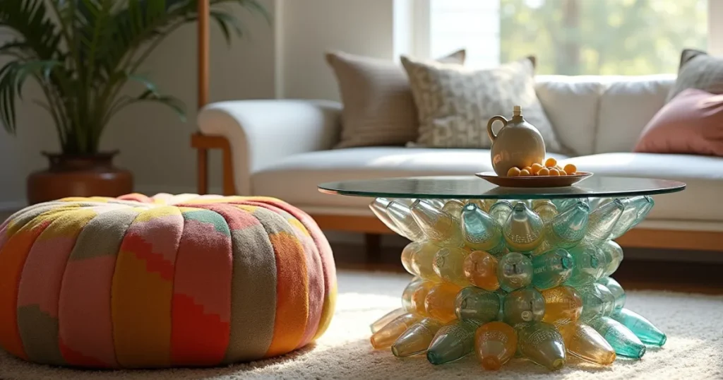 Sala de estar moderna com móveis feitos de garrafas PET recicladas: uma mesa de centro com tampo de vidro sobre base feita de garrafas coloridas (verdes e âmbar) e um pufe colorido em tons de laranja, vermelho e bege ao lado, ambos sobre tapete claro, com sofá branco ao fundo.