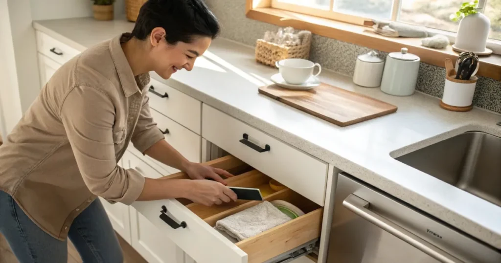 Mulher sorridente guardando um item diretamente na gaveta da cozinha organizada com divisórias de madeira, aplicando a técnica de 1 toque enquanto o balcão permanece limpo e funcional.