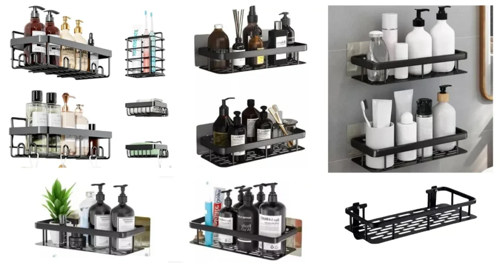 Conjunto de suportes organizadores multiuso em alumínio preto para banheiro, mostrando várias opções de instalação com produtos organizados em diferentes ambientes, incluindo prateleiras para shampoos, cosméticos, escovas de dentes e itens de higiene pessoal.