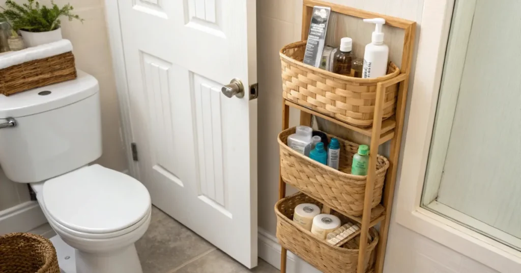 Banheiro pequeno com vaso sanitário branco e organizador vertical de bambu com três cestos empilhados contendo produtos de higiene e cosméticos, demonstrando aproveitamento eficiente de espaço em um canto estreito.