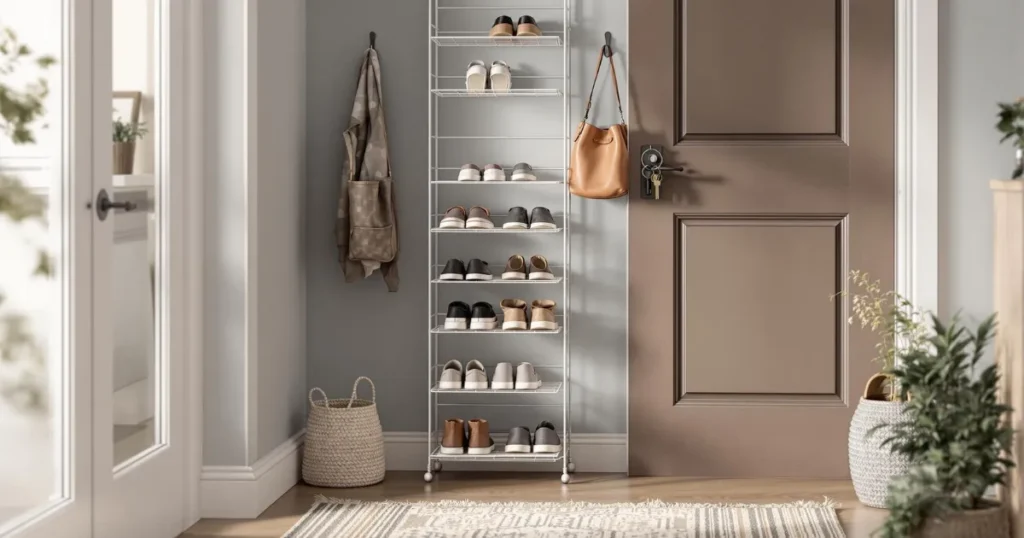 Hall de entrada organizado com sapateira vertical branca entre a parede e a porta, ganchos para bolsas, cesto decorativo, tapete claro e plantas decorativas criando um ambiente acolhedor