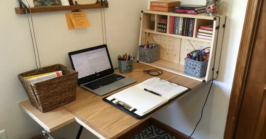 Home office compacto com mesa de madeira clara, notebook, caderno aberto, cesto organizador, pequena estante modular com livros e cestos de armazenamento, montado em um canto da casa.