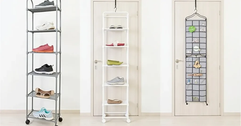 Três modelos diferentes de sapateiras: torre metálica vertical com sete prateleiras, sapateira branca móvel de seis níveis e organizador de porta suspenso com múltiplos compartimentos