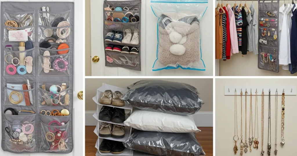Collage de soluções práticas para organização de closet: organizadores de porta com bolsos para acessórios e sapatos, sacos a vácuo para roupas volumosas, organizador de joias na parede e sistema vertical para bijuterias e acessórios.