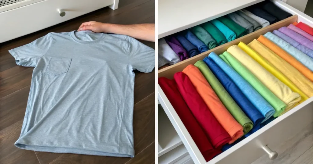 Comparação entre método tradicional e método vertical de dobrar roupas: à esquerda, camiseta cinza deitada horizontalmente; à direita, camisetas coloridas organizadas verticalmente em gaveta, permitindo visualização completa de todas as peças.