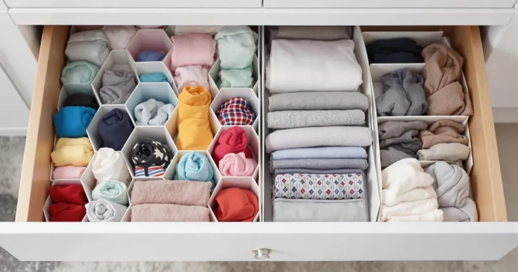 Gaveta de guarda-roupa perfeitamente organizada com divisórias: à esquerda, organizador hexagonal com meias coloridas; à direita, divisórias retangulares com camisetas e roupas íntimas dobradas no método vertical.