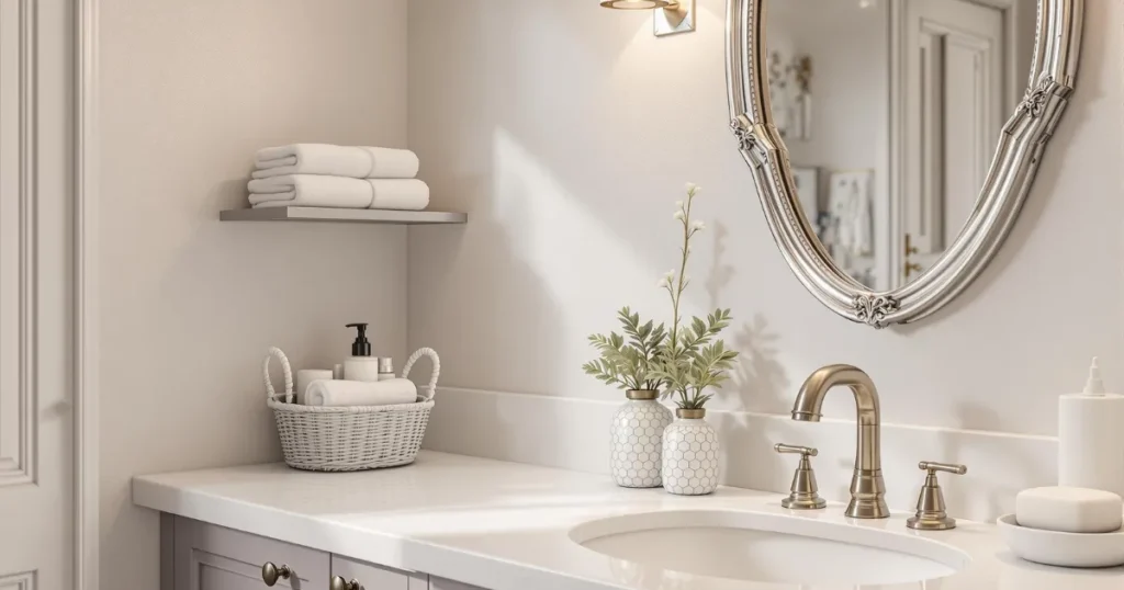 Banheiro pequeno e elegante com organização minimalista, contendo apenas toalhas brancas dobradas em prateleira, cesta com produtos essenciais, pequenos vasos decorativos e bancada limpa com torneira dourada.