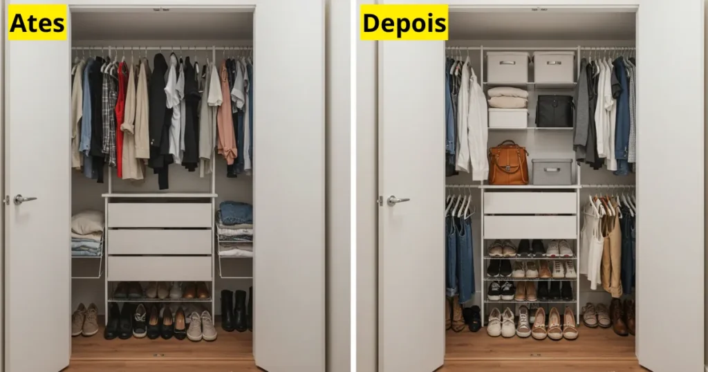 Comparação antes e depois de um closet pequeno transformado: à esquerda, um armário desorganizado com roupas amontoadas; à direita, o mesmo espaço completamente reorganizado com caixas, divisórias e sistema de organização eficiente.