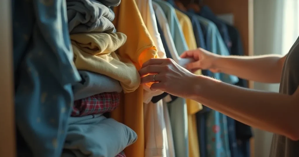 Mão feminina tentando puxar uma camiseta amarela do meio de uma pilha alta de roupas dobradas em um armário, demonstrando a dificuldade de acesso sem desorganizar as demais peças.