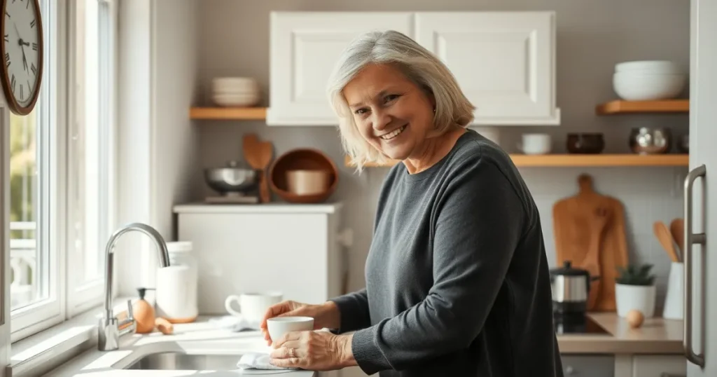 "Mulher de meia-idade com cabelos grisalhos sorrindo em uma cozinha organizada enquanto segura uma xícara branca, com utensílios de madeira e prateleiras minimalistas ao fundo.