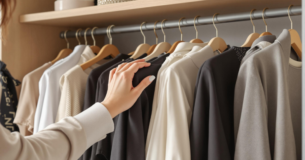 Mão feminina tocando roupas organizadas em cabides de madeira, mostrando um guarda-roupa minimalista com peças em tons neutros de branco, cinza e preto, todas com espaço entre si.