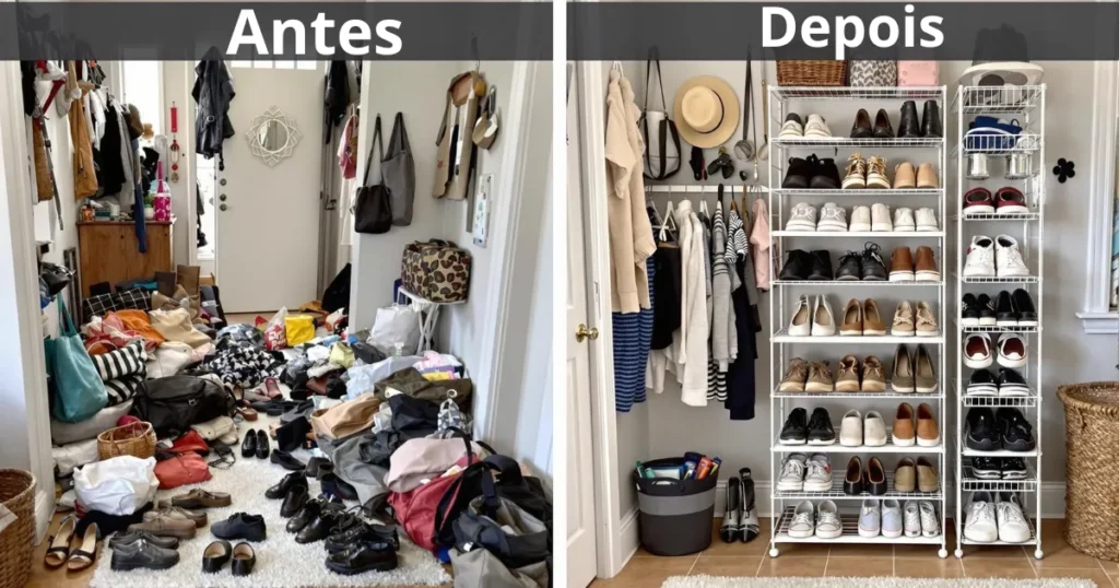 Comparação antes e depois de um closet: à esquerda, roupas e sapatos espalhados pelo chão; à direita, o mesmo espaço totalmente organizado com sapateiras e cabides em ordem.