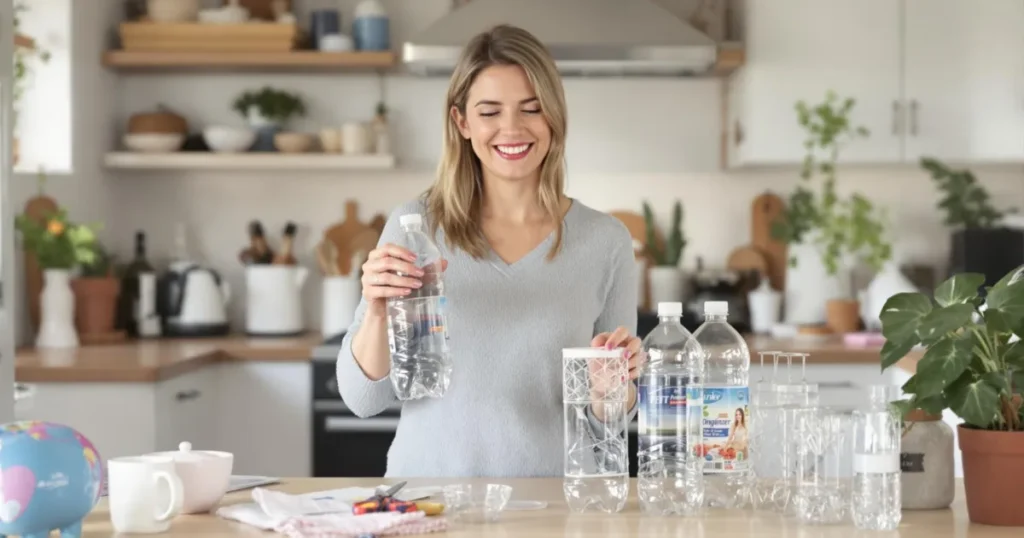 Mulher sorridente em uma cozinha clara e aconchegante, segurando uma garrafa PET vazia enquanto trabalha em um projeto de reciclagem criativa. Na bancada à sua frente, há várias garrafas PET cortadas em diferentes formatos, demonstrando o processo de transformação em organizadores domésticos.