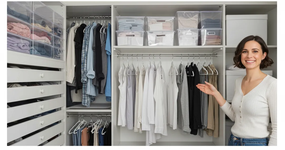 Mulher sorridente mostrando seu closet pequeno perfeitamente organizado com roupas penduradas em cabides brancos, caixas organizadoras transparentes nas prateleiras superiores e gavetas para itens dobrados.