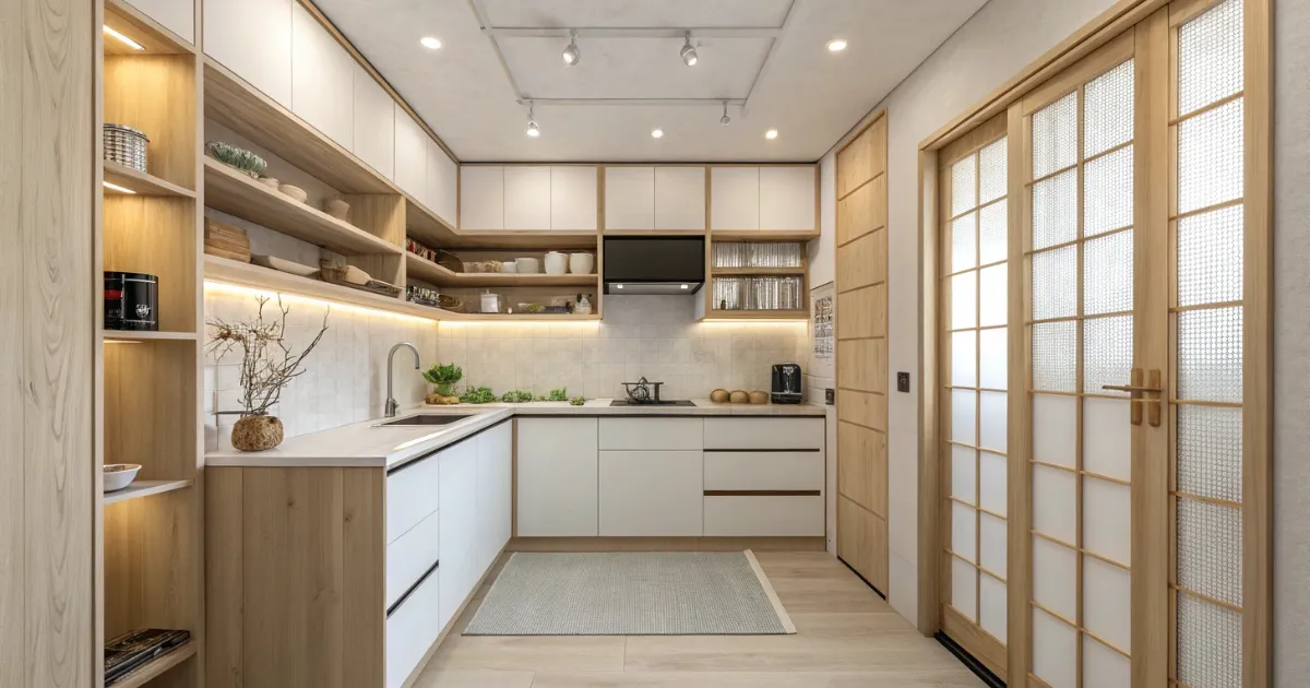 Cozinha pequena estilo japonês com armários brancos e madeira clara, portas deslizantes tradicionais, prateleiras abertas organizadas, iluminação embutida sob armários e bancadas minimalistas em formato L.