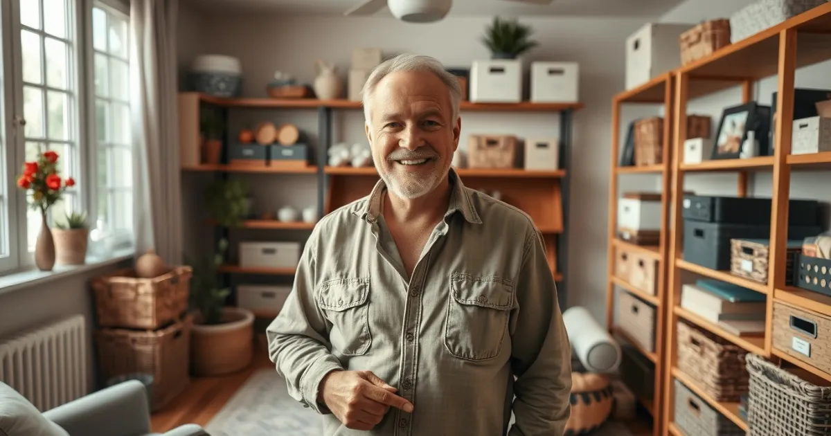 Homem de meia-idade sorridente em um ambiente organizado com prateleiras de madeira contendo caixas organizadoras, cestos e itens decorativos em um espaço bem iluminado por luz natural.