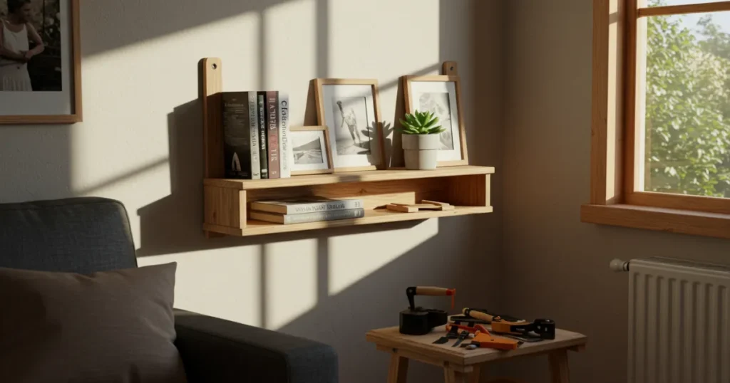 Prateleira de madeira estilo rústico feita em casa, com dois níveis, exibindo livros, porta-retratos e uma pequena suculenta. Ferramentas de marcenaria organizadas em uma mesinha lateral próxima, com luz natural entrando pela janela.