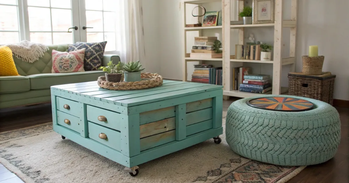 Sala de estar aconchegante com mesa de centro de paletes em azul turquesa com rodinhas e pufe circular feito de pneu reciclado, exemplos de transformar lixo em móveis estilosos e sustentáveis.
