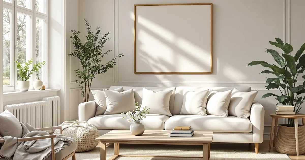 Sala de estar minimalista em estilo francês com sofá branco, plantas naturais, almofadas organizadas, mesinha de centro de madeira clara e ampla iluminação natural, exemplificando a organização elegante e simples.