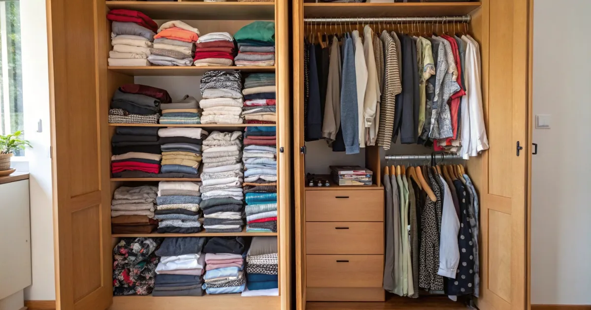 Contraste entre armário com pilhas altas de roupas dobradas horizontalmente à esquerda e organização funcional com roupas penduradas e gavetas à direita, mostrando o antes e depois da organização de guarda-roupa.