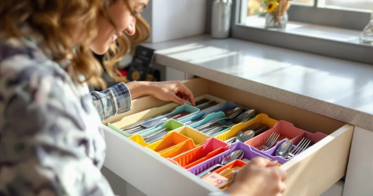 Mulher sorridente organizando talheres em uma gaveta de cozinha com divisórias coloridas de plástico, sob luz natural que entra pela janela, criando um ambiente acolhedor.