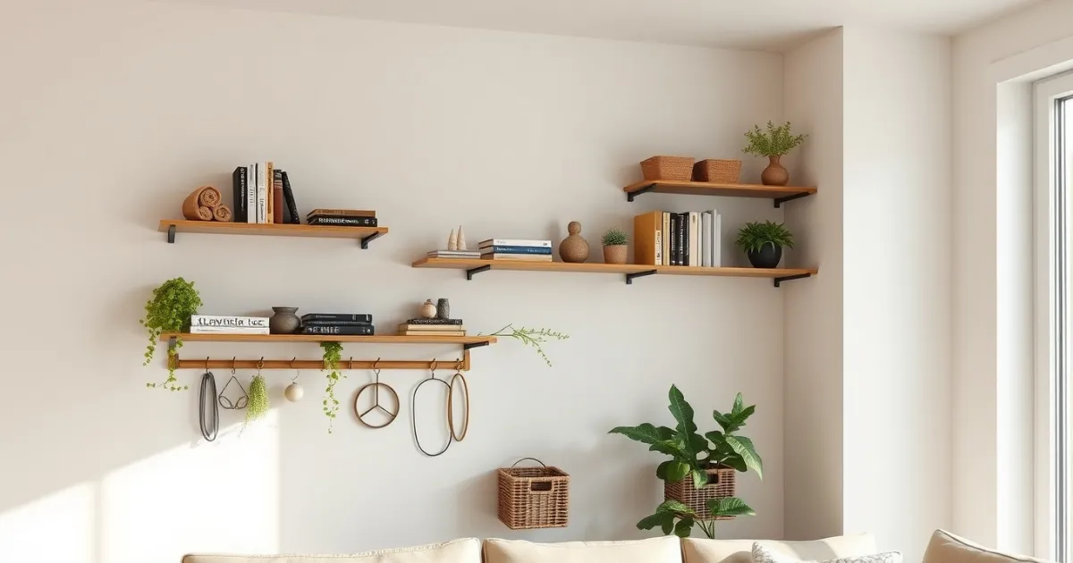 Sistema de prateleiras modulares de madeira clara instaladas em parede branca, com diversos objetos organizados, livros, plantas pendentes e ganchos para pendurar itens decorativos, criando solução elegante para parede pequena.