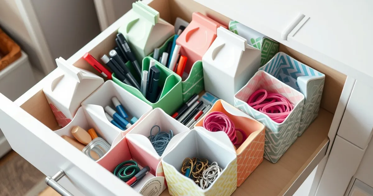 Gaveta organizada com divisórias coloridas feitas de caixas de leite recicladas, contendo canetas, elásticos, clipes e materiais de escritório