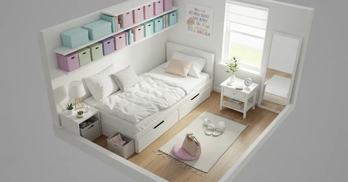 Quarto minúsculo perfeitamente organizado com cama branca com gavetas, prateleiras coloridas elevadas, espelho de corpo inteiro, criado-mudo funcional e esquema de cores pastel, demonstrando soluções inteligentes de aproveitamento de espaço vertical.